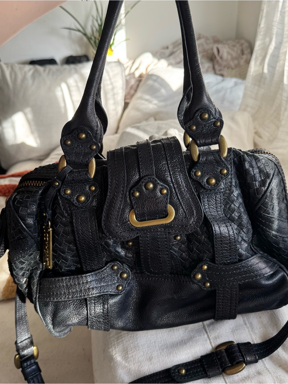 Lockheart Black Leather Braided Studded Satchel Handbag - Picture 1 of 9